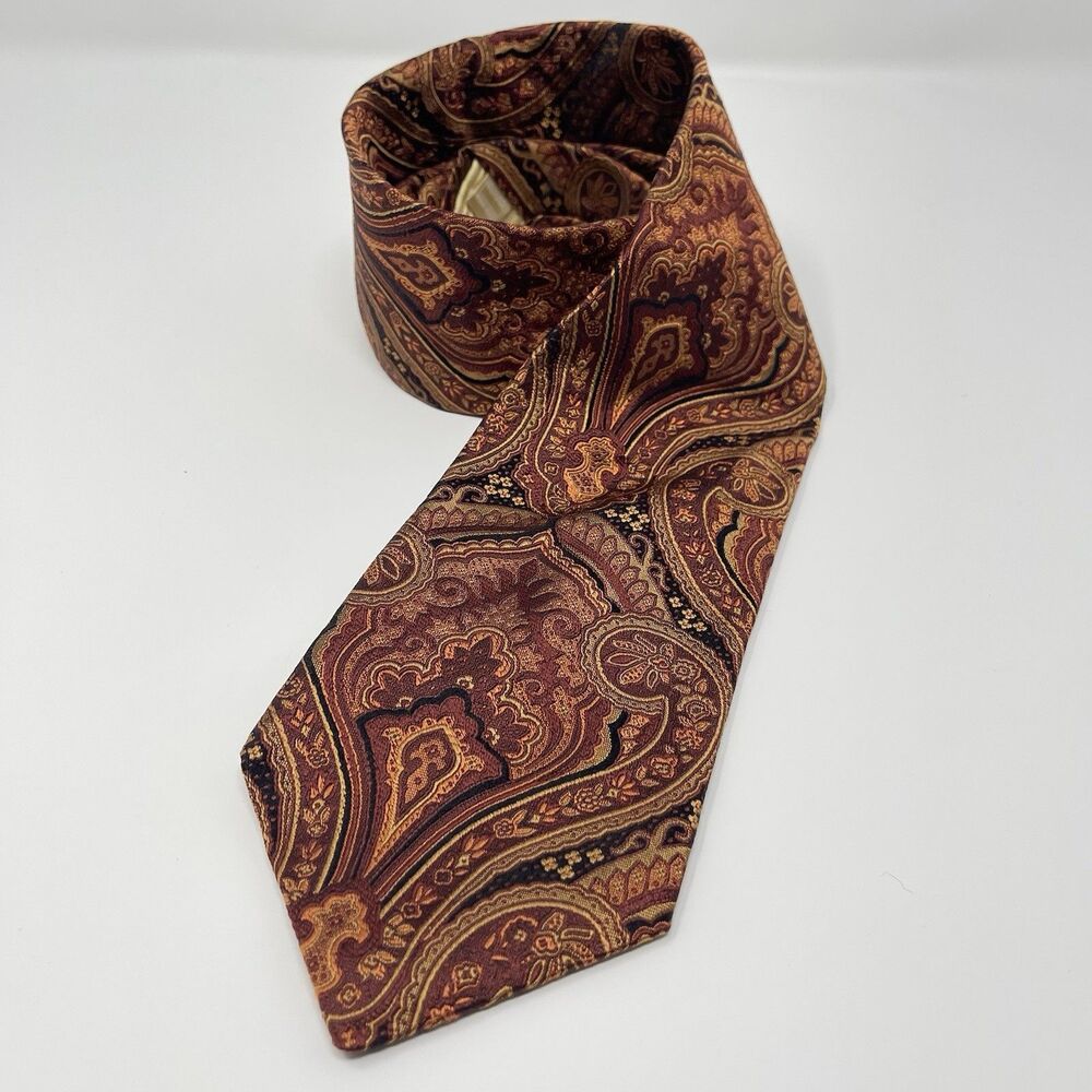 Neiman Marcus Men Silk Neck Tie Brown Terracotta Paisley Print USA Hand Tailored